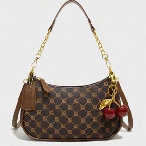 Brown Cherry Charm Patterned Shoulder Bag